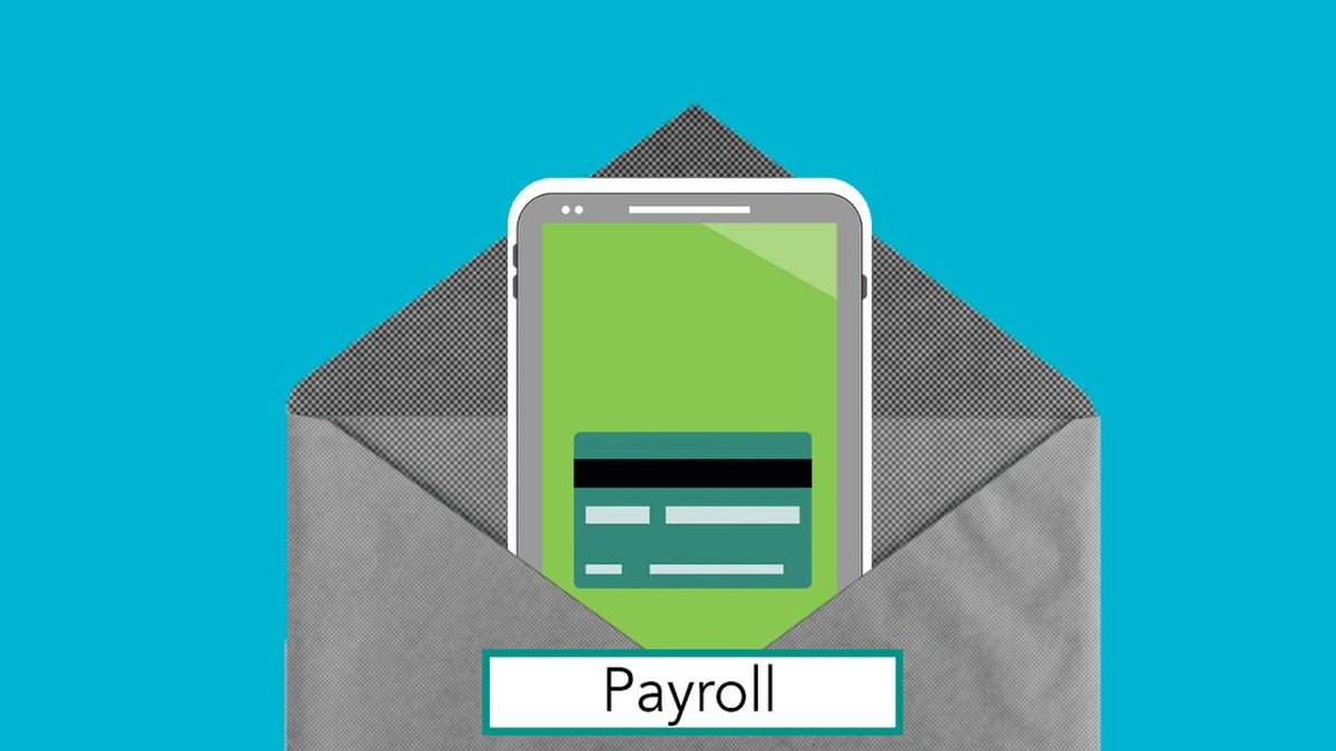 Illustration of a phone showing a payment card in an envelope labelled Payroll